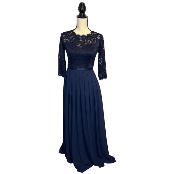 NWT Miusol Dark Navy Blue Lace Bodice Long Maxi Evening Formal Dress Size Small - Picture 2 of 9